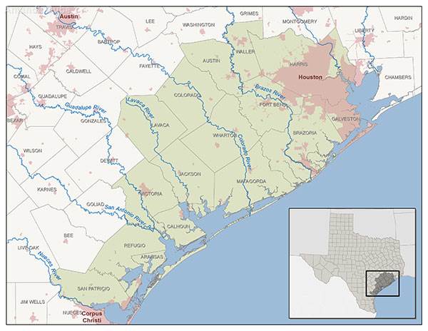The Texas Mid-Coast stretches roughly from Houston to Corpus Christi.